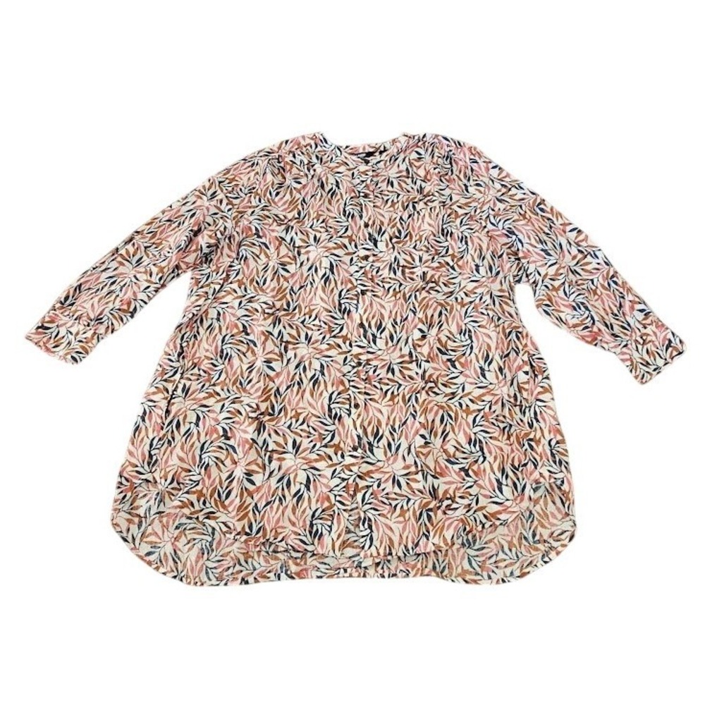 Lands End Womens 2X Linen Tunic Leaf Print Button Down Long Sleeve Shirt Pockets